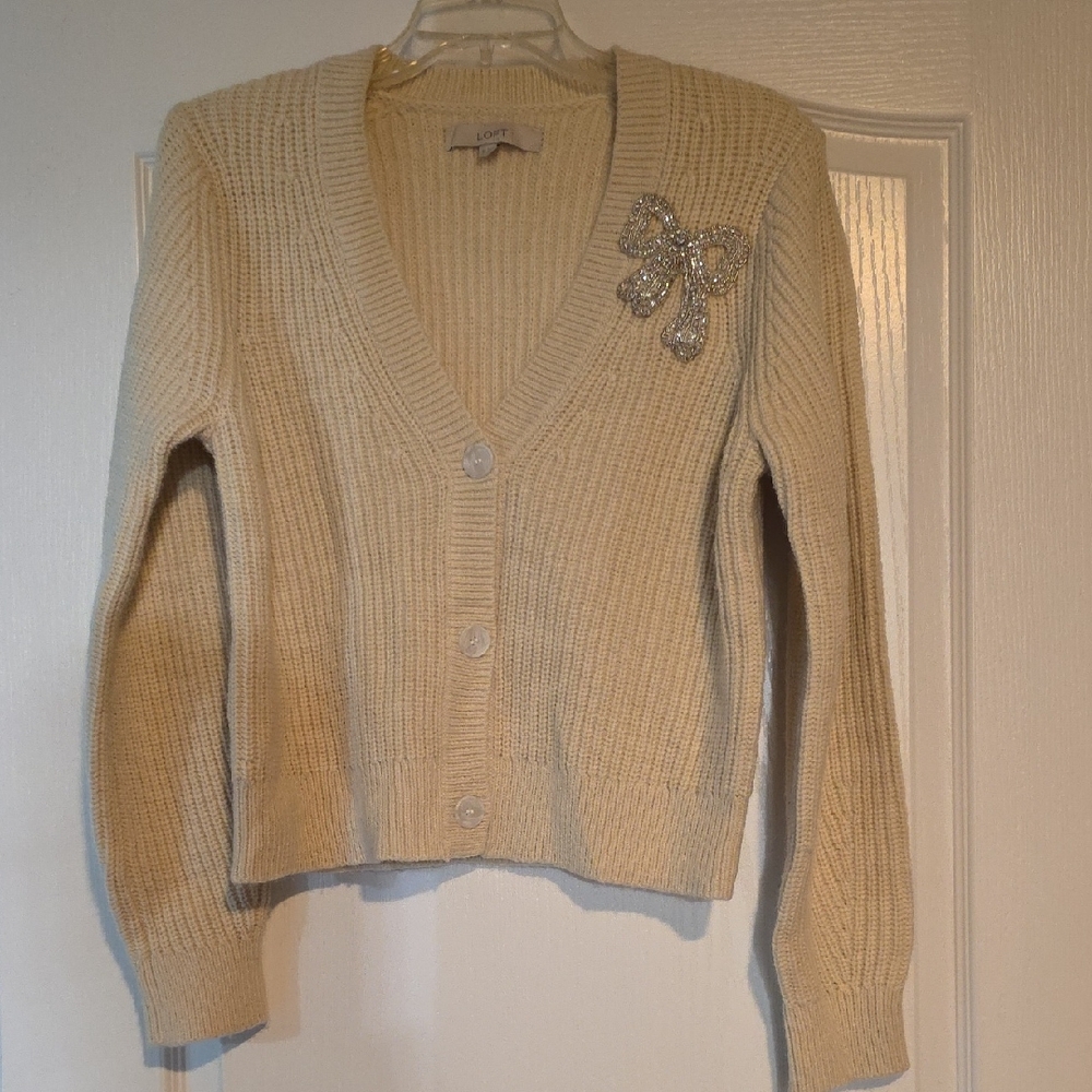 LOFT Cream Cardigan with Bow Accent